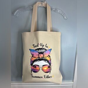 Canvas Tote Bag with Colorful Summer Vibes Print Cream Newly Made Boho Summer